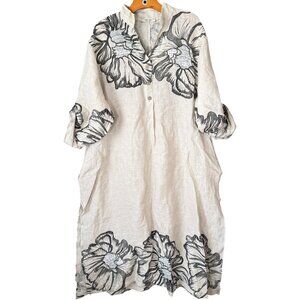 Puro Lino Linen Oversized Dress Beachy Lagenlook Resort Coastal Floral  M/L